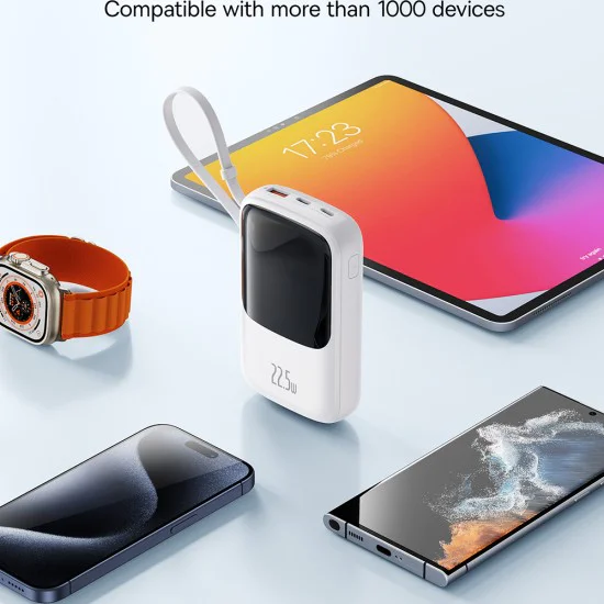 Външен батериен пакет Lightning, 2x Type-C, USB, 22.5W, 10000mAh + Type-C кабел - Baseus Qpow Pro+ (P10067101213-00) - Бял