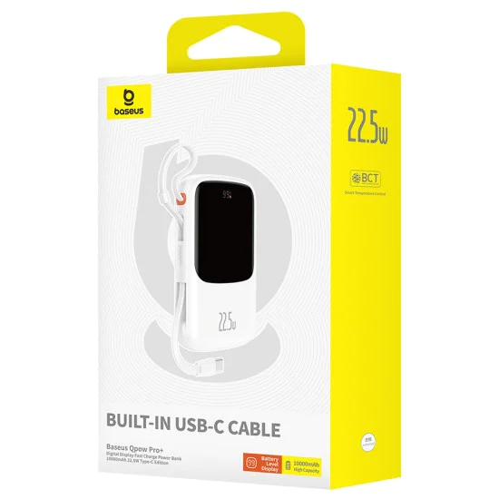 Външен батериен пакет Lightning, 2x Type-C, USB, 22.5W, 10000mAh + Type-C кабел - Baseus Qpow Pro+ (P10067101213-00) - Бял