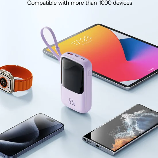Външен батериен пакет Lightning, 2x Type-C, USB, 22.5W, 10000mAh + Type-C кабел - Baseus Qpow Pro+ (P10067101513-00) - лилав