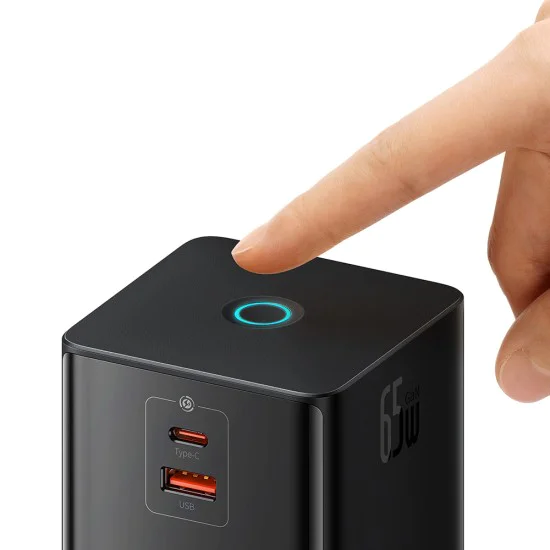 Зарядно устройство 3 x AC, USB, Type-C с кабел Type-C, 65 W, щепсел за САЩ - Baseus (PSLR000101) - черно