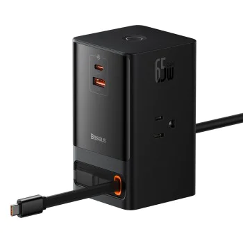 Зарядно устройство 3 x AC, USB, Type-C с кабел Type-C, 65 W, щепсел за САЩ - Baseus (PSLR000101) - черно