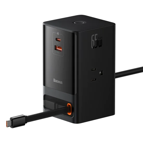 Зарядно устройство 3 x AC, USB, Type-C с кабел Type-C, 65 W, щепсел за САЩ - Baseus (PSLR000101) - черно