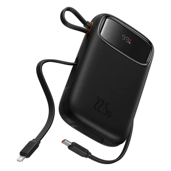 Външен пакет батерии 2x Lightning, 3x Type-C, 2x USB, 22.5W, 10000mAh + Type-C кабел, 30cm - Baseus Qpow Pro+ (P1005555003113-00) - черен