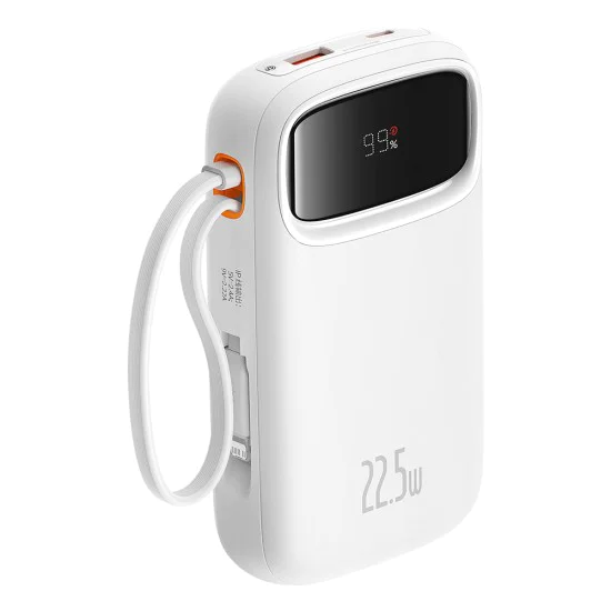 Външен пакет батерии 2x Lightning, 3x Type-C, 2x USB, 22.5W, 10000mAh + Type-C кабел, 30cm - Baseus Qpow Pro+ (P1005555003223-00) - Бял