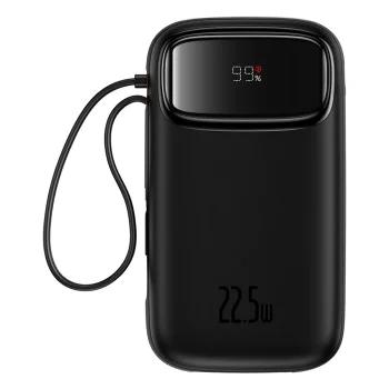 Baseus - Power Bank Qpow Pro+ (P10055002113-00) - Lightning, 2x Type-C, USB, 22.5W, 20000mAh, Кабел Type-C, 30 см - Черен