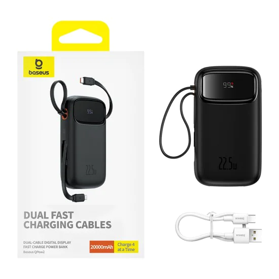 Baseus - Power Bank Qpow Pro+ (P10055002113-00) - Lightning, 2x Type-C, USB, 22.5W, 20000mAh, Кабел Type-C, 30 см - Черен