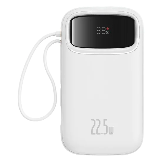 Baseus - Power Bank Qpow Pro+ (P10055002223-00) - Lightning, 2x Type-C, USB, 22.5W, 20000mAh, Кабел Type-C, 30 см - Бял