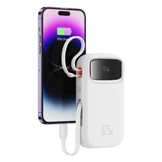 Baseus - Power Bank Qpow Pro+ (P10055002223-00) - Lightning, 2x Type-C, USB, 22.5W, 20000mAh, Кабел Type-C, 30 см - Бял