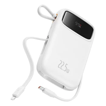 Baseus - Power Bank Qpow Pro+ (P10055002223-00) - Lightning, 2x Type-C, USB, 22.5W, 20000mAh, Кабел Type-C, 30 см - Бял