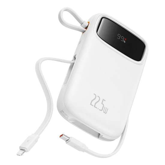Baseus - Power Bank Qpow Pro+ (P10055002223-00) - Lightning, 2x Type-C, USB, 22.5W, 20000mAh, Кабел Type-C, 30 см - Бял
