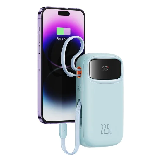 Baseus - Power Bank Qpow Pro+ (P10055002313-00) - Lightning, 2x Type-C, USB, 22.5W, 20000mAh, Кабел Type-C, 30 см - Син