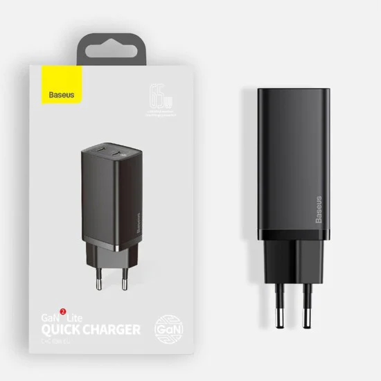 Baseus - Зарядно за стена GaN Lite (CCGAN2L-B01) - Бързо зарядно, USB, Type-C, 65W - Черно