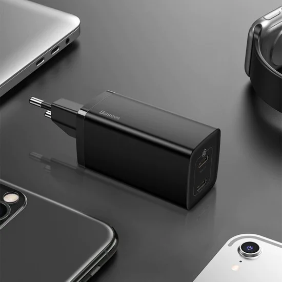 Baseus - Зарядно за стена GaN Lite (CCGAN2L-B01) - Бързо зарядно, USB, Type-C, 65W - Черно