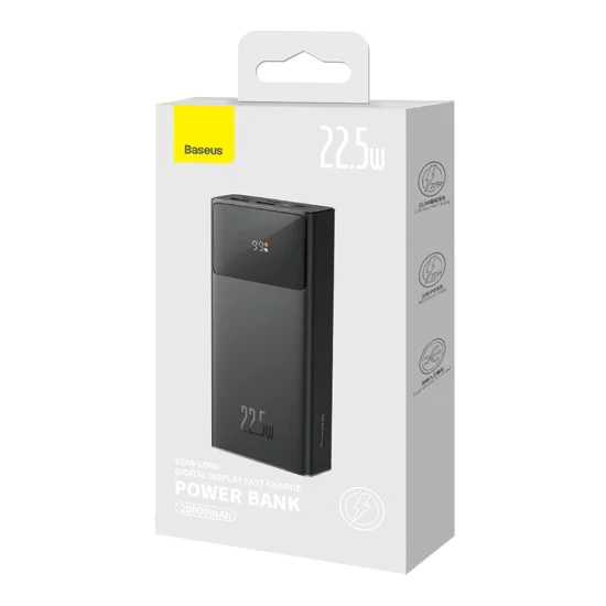 Външен пакет батерии 2x USB, Type-C, Micro-USB, 22.5W, 20000mAh + Type-C кабел, 3A, 30cm - Baseus Star-Lord (PPXJ080001) - Черен