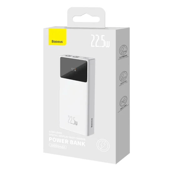 Външен пакет батерии 2x USB, Type-C, Micro-USB, 22.5W, 20000mAh + Type-C кабел, 3A, 30cm - Baseus Star-Lord (PPXJ080002) - Бял