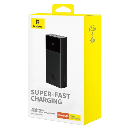 Външен пакет батерии 2x USB, Type-C, Micro-USB, 30W, 20000mAh + Type-C кабел, 3A, 30cm - Baseus Star-Lord (P1002290904113-00) - Черен