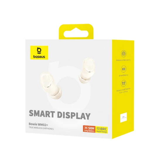Bluetooth слушалка V5.3 с интелигентен дисплей, TWS - Baseus WM02+ (NGTWW370302) - кремаво бяло