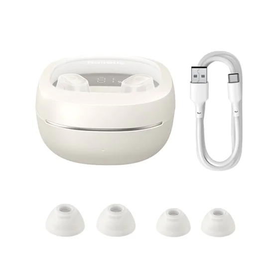 Bluetooth слушалка V5.3 с интелигентен дисплей, TWS - Baseus WM02+ (NGTWW370302) - кремаво бяло
