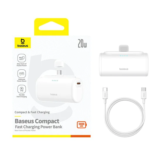 Външна батерия Type-C Type-C, 20W, 5000mAh + кабел Type-C - Baseus (P10068306213-00) - Бял