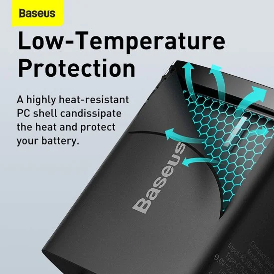 Baseus - Компактно зарядно за стена (CCXJ-B01) - USB-C, PD, 20W, USB-A, QC, 3A - Черно