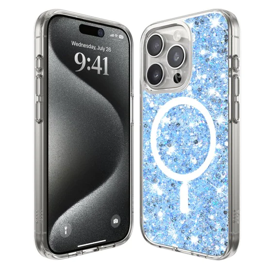 Калъф за iPhone 15 Pro - Sparkly Glitter MagSafe - Син