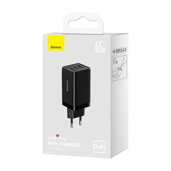 EU Charger 3in1, 65W, Type-C кабел - Baseus GaN5 Pro (CCGP120201) - черен