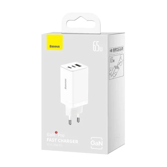 3в1 ЕС зарядно устройство, 65 W, кабел Type-C - Baseus GaN5 Pro (CCGP120202) - бял