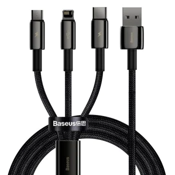 Baseus - Кабел за данни Tugsten Gold 3в1 (CAMLTWJ-01) - USB към Type-C, Lightning, Micro-USB 3.5A, 1.5м - Черен