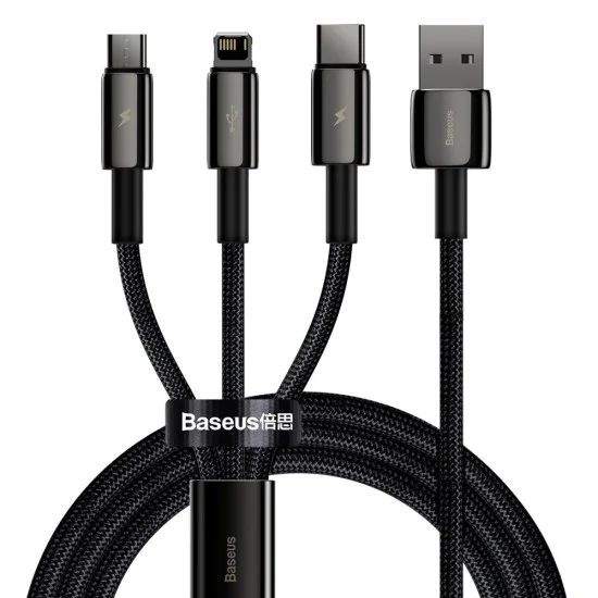 Baseus - Кабел за данни Tugsten Gold 3в1 (CAMLTWJ-01) - USB към Type-C, Lightning, Micro-USB 3.5A, 1.5м - Черен
