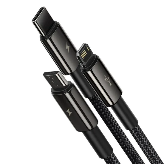 Baseus - Кабел за данни Tugsten Gold 3в1 (CAMLTWJ-01) - USB към Type-C, Lightning, Micro-USB 3.5A, 1.5м - Черен