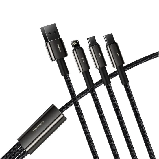 Baseus - Кабел за данни Tugsten Gold 3в1 (CAMLTWJ-01) - USB към Type-C, Lightning, Micro-USB 3.5A, 1.5м - Черен