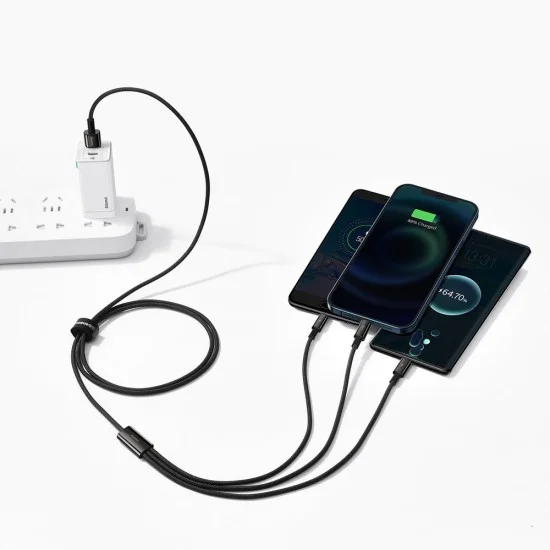 Baseus - Кабел за данни Tugsten Gold 3в1 (CAMLTWJ-01) - USB към Type-C, Lightning, Micro-USB 3.5A, 1.5м - Черен
