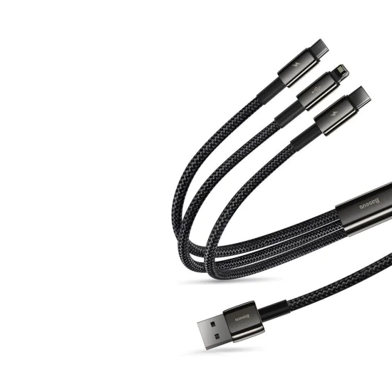 Baseus - Кабел за данни Tugsten Gold 3в1 (CAMLTWJ-01) - USB към Type-C, Lightning, Micro-USB 3.5A, 1.5м - Черен