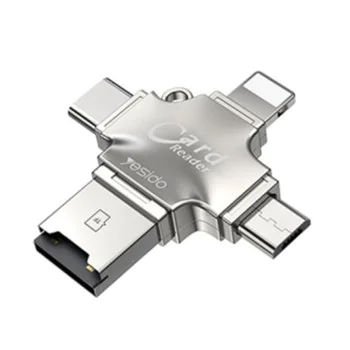 Четец на карти MicroSD + USB адаптер, Type-C, Lightning, Micro-USB - Yesido (GS13) - Сребрист