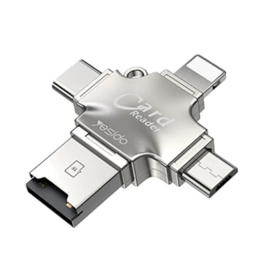 Четец на карти MicroSD + USB адаптер, Type-C, Lightning, Micro-USB - Yesido (GS13) - Сребрист