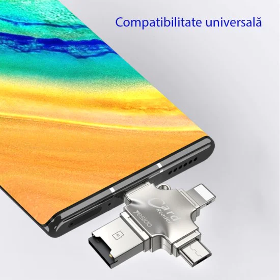 Четец на карти MicroSD + USB адаптер, Type-C, Lightning, Micro-USB - Yesido (GS13) - Сребрист