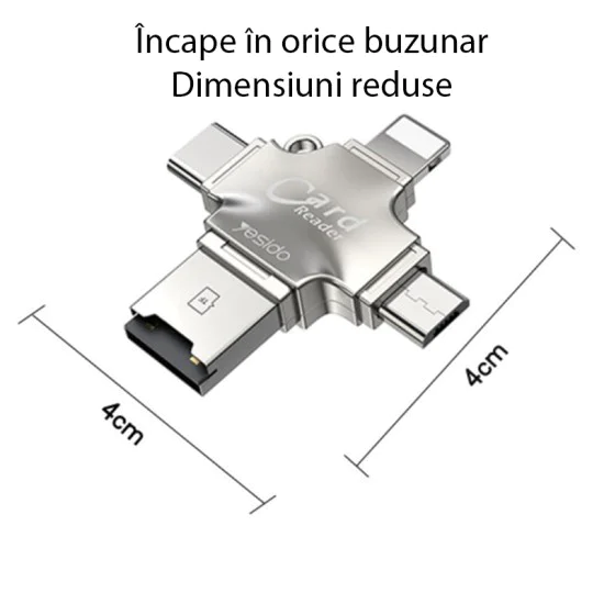 Четец на карти MicroSD + USB адаптер, Type-C, Lightning, Micro-USB - Yesido (GS13) - Сребрист