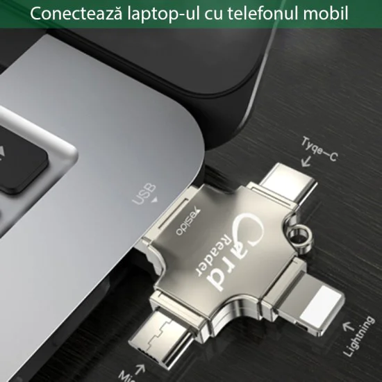 Четец на карти MicroSD + USB адаптер, Type-C, Lightning, Micro-USB - Yesido (GS13) - Сребрист
