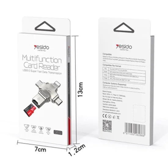 Четец на карти MicroSD + USB адаптер, Type-C, Lightning, Micro-USB - Yesido (GS13) - Сребрист