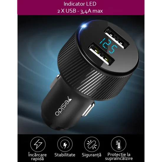 Зарядно за кола 2x USB 2x USB 18W, 3.4A - Yesido (Y31) - Черен