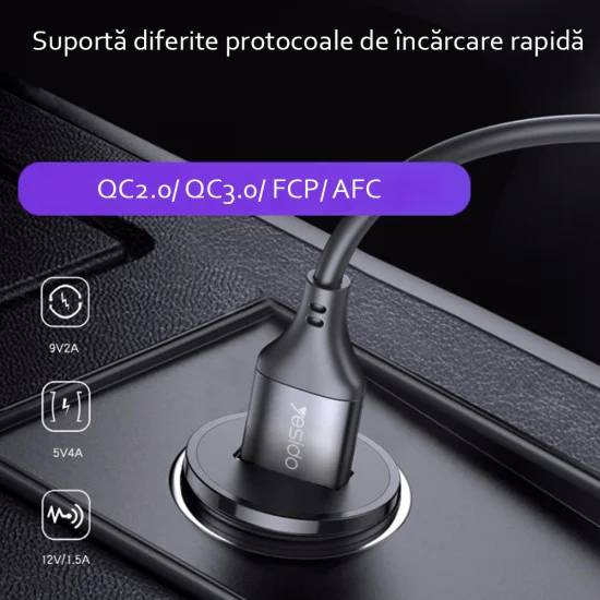 Автоматично зарядно устройство QC3.0, FCP, AFC, 18W, 3A - Yesido (Y38) - черно