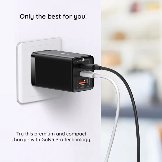 3в1 ЕС зарядно устройство, 65 W, кабел Type-C - Baseus GaN5 Pro (CCGP120202) - бял