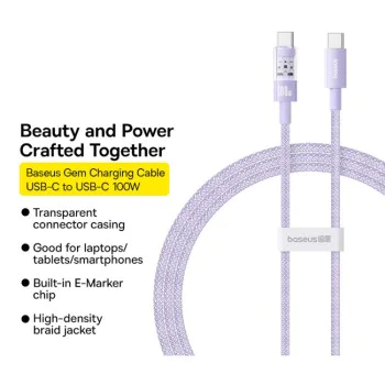 USB-C към Type-C кабел, супер бързо зареждане 100 W, 1 m - Baseus Gem (P103737300051111-00) - Nebula Purple