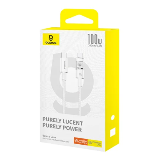 USB-C към Type-C кабел, супер бързо зареждане 100 W, 2 m - Baseus Gem (P1037373000211-01) - Moon White