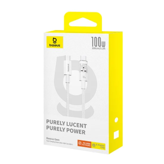 USB-C към Type-C кабел, супер бързо зареждане 100 W, 1 m - Baseus Gem (P1037373000211-00) - Moon White