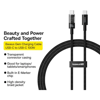 USB-C към Type-C кабел, супер бързо зареждане 100 W, 2 м - Baseus Gem (P1037373000111-01) - Cluster Black