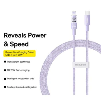 Кабел USB-C към Lightning, бързо зареждане 20W, 2m - Baseus Gem (P10373001511-01) - Nebula Purple