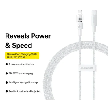 Кабел USB-C към Lightning, бързо зареждане 20W, 2m - Baseus Gem (P10373001211-01) - Moon White