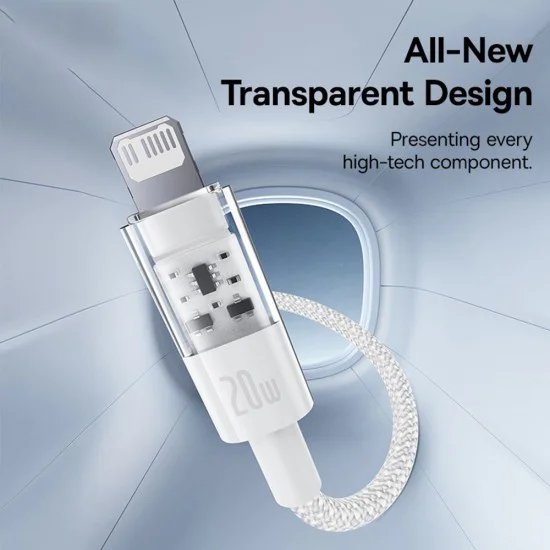 Кабел USB-C към Lightning, бързо зареждане 20W, 2m - Baseus Gem (P10373001211-01) - Moon White