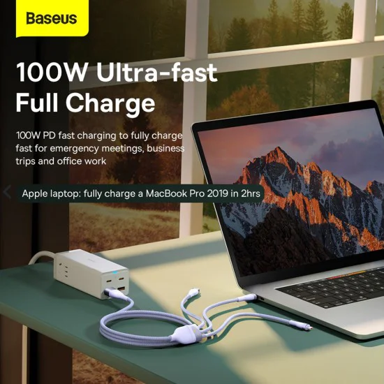 Кабел за данни 3в1, USB, 100W, 1.2m - Baseus Flash Series 2 (CASS030005) - лилав